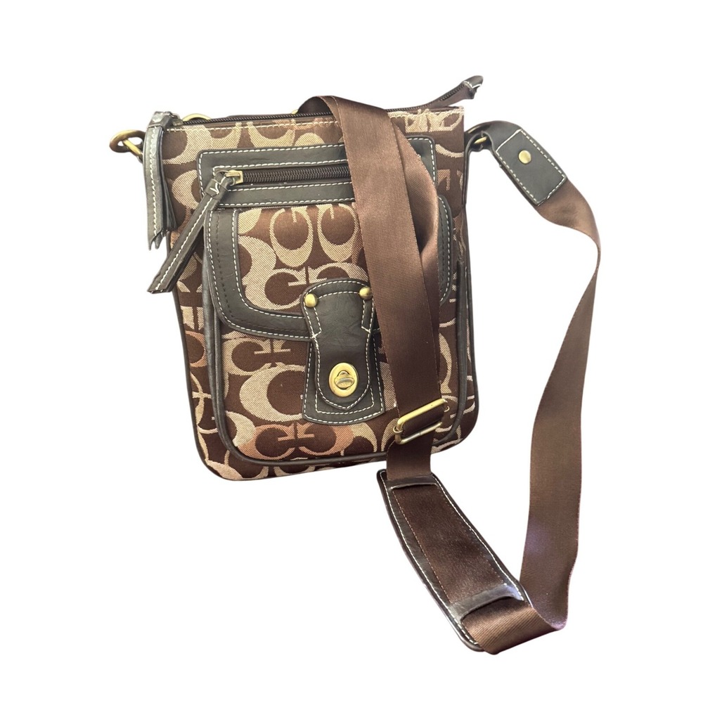 Unbranded  cute Crossbody Brown‎ Canvas turn lock pocket EUC9.5x8" long strap